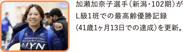 加瀬加奈子選手（新潟・102期）がL級1班での最高齢優勝記録(41歳1ヶ月13日での達成）を更新。